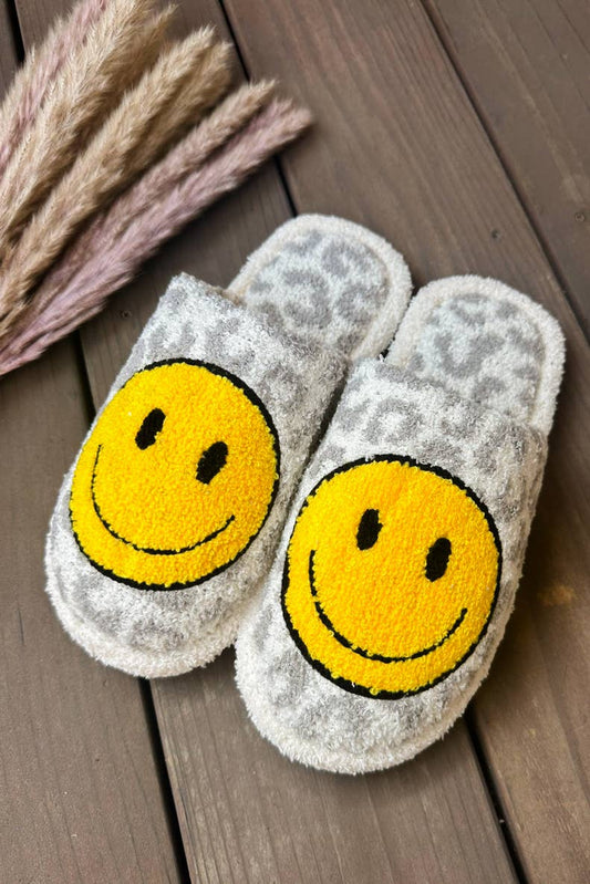 Grey Leopard Print Smiley Embroidered Slipper